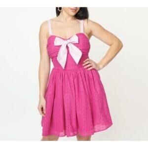 Unique Vintage Babydoll Mini Dress SZ M‎ Coquette Y2K 90s Eyelet Pink Barbie